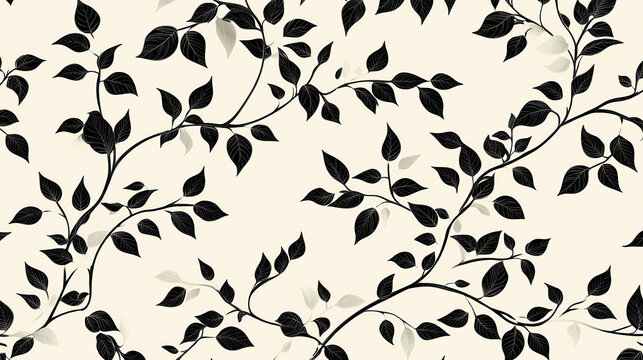 A seamless floral pattern featuring black vines and leaves on a light background. Harmony - Meadow. Illustration