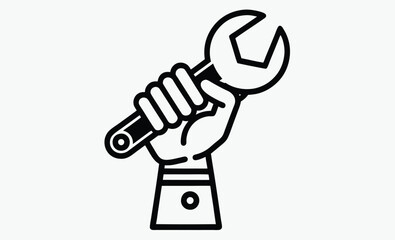 Hand holding wrench silhouette, repair tool vector icon
