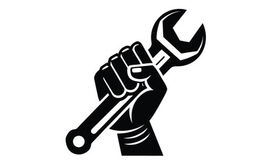 Hand holding wrench silhouette, repair tool vector icon