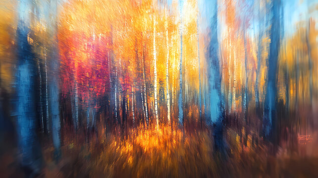 A shallow depth of field camera lens captures the vibrant colors and textures of a serene autumn forest, emphasizing the harmony of technology and nature. Harmony - Meadow. Illustration