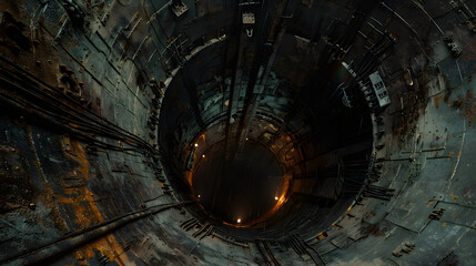 Dramatic Vertical View of Deep Industrial Shaft Revealing Rugged Metallic Textures and Ambient Lighting