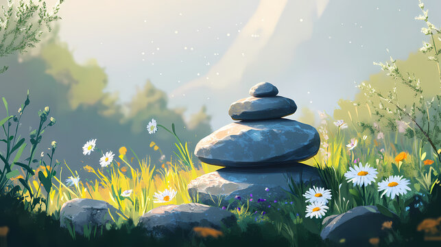 Balanced stones with a serene backdrop, symbolizing tranquility and harmony in nature's beauty. Harmony - Meadow. Illustration