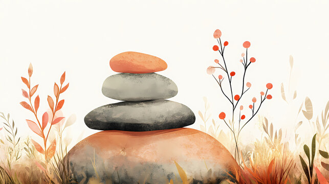 Balanced stones with a serene backdrop, symbolizing tranquility and harmony in nature's beauty. Harmony - Meadow. Illustration