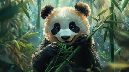 Obraz premium Captivating Panda Portrait amidst Lush Bamboo Forest Canopy Close-Up