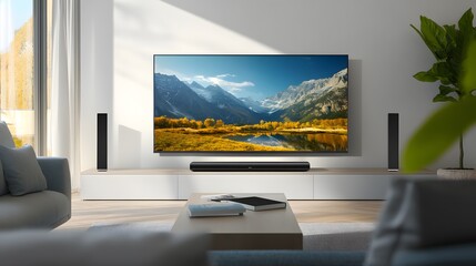 Fototapeta premium Modern smart tv connected with sound bar. Home entertainment system. Tech, visual, audio entertainment. Stylish interior design. Living room setup. High-quality image, beautiful landscape view, 