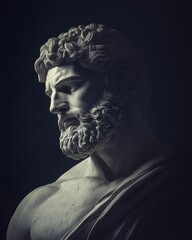 Majestic Ancient Greek God Statue in White Marble with Dramatic Lighting Creating Powerful Classical Art Portrait Against Dark Background