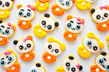 Obraz premium Adorable panda cookies arranged on white background.