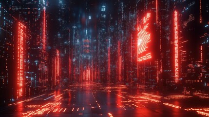 Naklejka premium Neon city street, futuristic, digital data, glowing columns