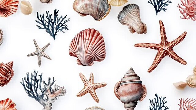 Watercolor Sea Life Pattern Animation with Starfish, Shells, and Corals on White