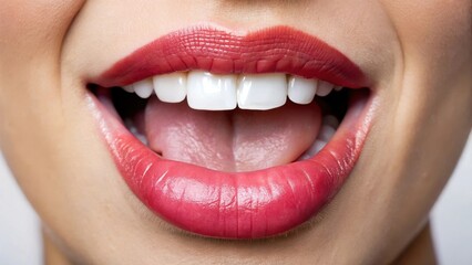 Obraz premium A mouth with a visible tongue hanging out of its corner, with the edges of the lips and teeth forming a slight smile