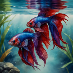 Fototapeta premium Watercolor Illustration of two Betta Fish in a Thai Freshwater Stream