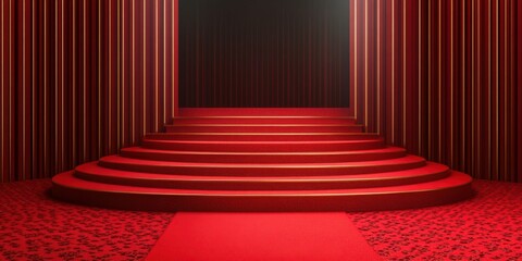 Elegant red staircase design creates dramatic stage setting for events and presentations in a stylish venue