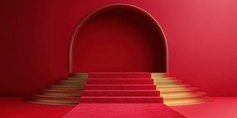 Stylish stage design with red backdrop and golden accents for an elegant event