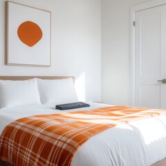 minimalist bedroom with orange accents