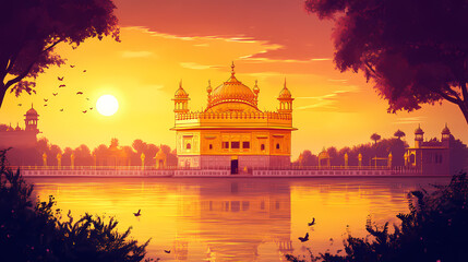 Obraz premium Golden temple illustration with sunset sky. Harmony - Meadow. Illustration