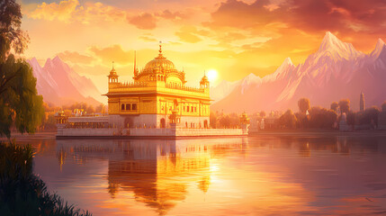 Fototapeta premium Golden temple illustration with sunset sky. Harmony - Meadow. Illustration