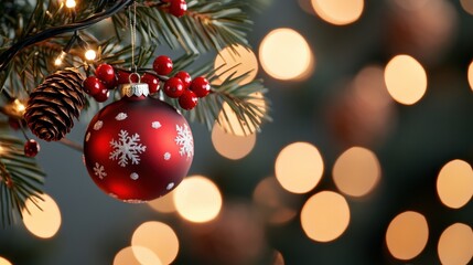 Obraz premium Christmas tree decoration with a red bauble, pine cone and light garland