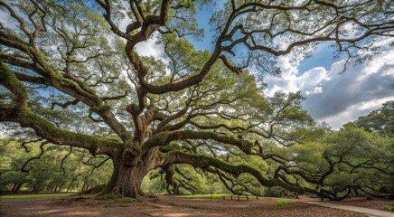 Fototapeta premium Panorama of branches from the Angel Oak Tree, old big natural trees with branches woods and leaf in the forest at autumn foliage outdoor