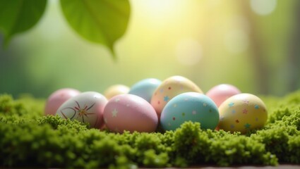 Fototapeta premium A collection of pastel-colored Easter eggs, decorated with stars and flowers, resting on a bed of soft green moss with a blurred nature background. Generative, AI,
