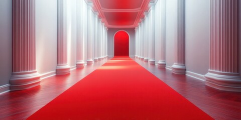 Elegant red carpet corridor leads to an archway in a classic architectural setting with white columns and a dramatic red ambiance