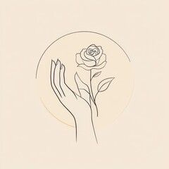Fototapeta premium Modern Minimalist Abstract Logo Featuring Elegant Hands Cradling a Delicate Rose in a Trendy Linear Design for Creative Branding