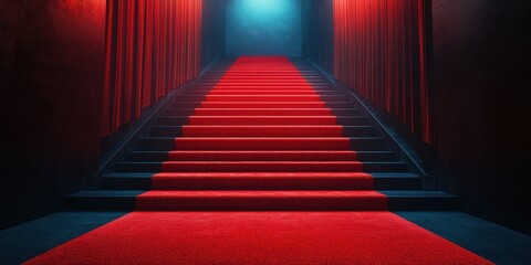 Fototapeta premium Red carpet leading up a staircase in a dimly lit venue with dramatic lighting