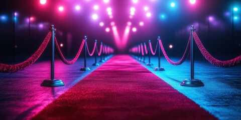 Elegant red carpet entrance illuminated by colorful lights in a festive event setting at night