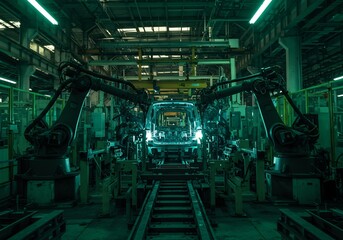 Dual Robot Arms Welding Car Body Under Teal Light