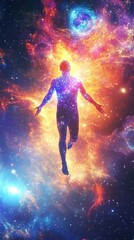 Naklejka premium Mystical Ascension of the Human Soul, a Luminous Astral Body Drifting Through Infinite Cosmic Space in a Visionary Journey Beyond Life
