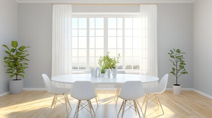 A bright and airy dining room with a sleek white oval table as the focal point.