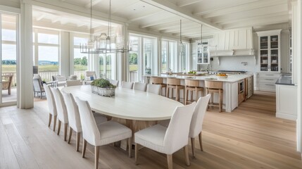A bright, coastal-inspired dining space with an oval whitewashed table.