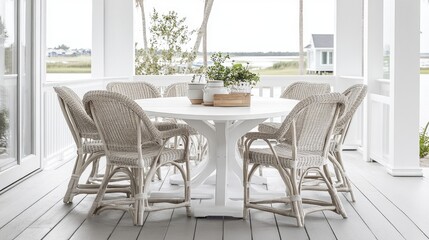 Fototapeta premium A bright, coastal-inspired dining space with an oval whitewashed table.
