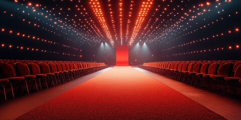 Exciting fashion runway setup featuring red lights and empty seats in a modern venue