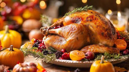 Roasted turkey centerpiece on Thanksgiving table.