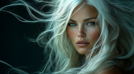 Fototapeta premium Stunning Portrait of Blonde Woman with Flowing Hair and Piercing Blue Eyes