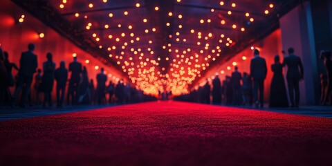 Elegant red carpet event illuminated by warm lights at night with guests mingling in formal attire