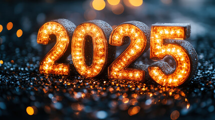 Illuminated golden 2025 numbers with sparkling lights on a glittering background