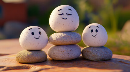 Stacked smiling stone faces in a balanced outdoor arrangement