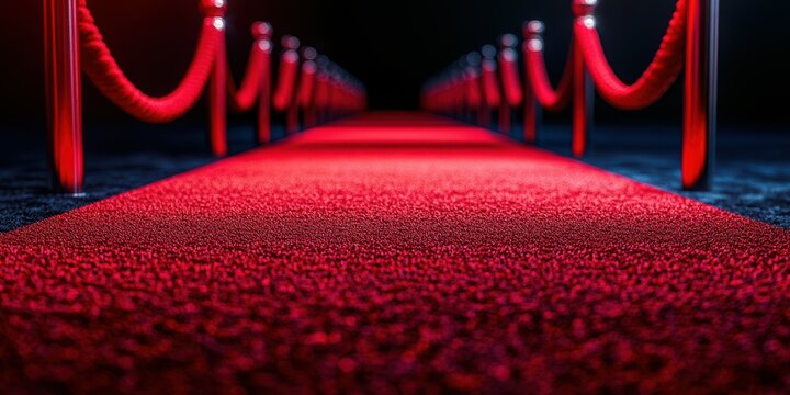 Red carpet leading to an elegant event venue with velvet ropes and dim lighting creating a suspenseful atmosphere