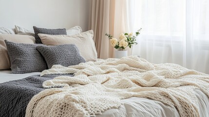 A clean white bed with gray and beige bedding in a softly lit bedroom.