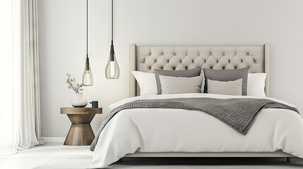 A clean white bed with gray and beige bedding in a softly lit bedroom.
