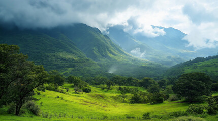 Naklejka premium Serene landscape: Lush green valley nestled amidst majestic mountains under a cloudy sky.