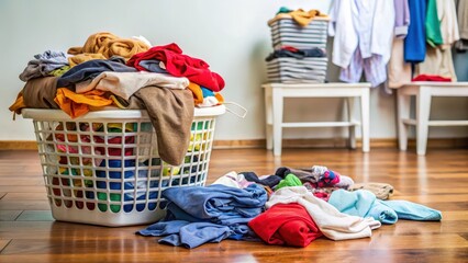 Fototapeta premium Clothes scattered on the floor beside a laundry basket, disorganization, untidy space