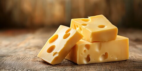 Cheddar cheese blocks with holes on a rustic wooden surface in a well-lit environment