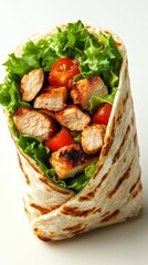 Grilled chicken wrap filled with fresh lettuce and cherry tomatoes served on a white background