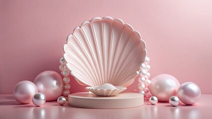 Elegant Pink Minimalist Product Stage with Shell & Pearls - Vintage Style Photography
