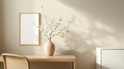 modern interior mockup with vase of flowers and blank frame