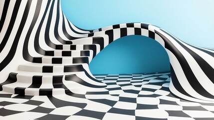 Dynamic black and white patterned architecture with fluid curves and stairs on a light blue background