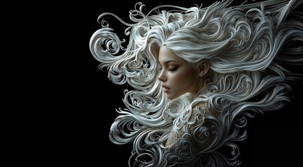 Elegant Portrait of Woman with Flowing Silver Hair on Black Background