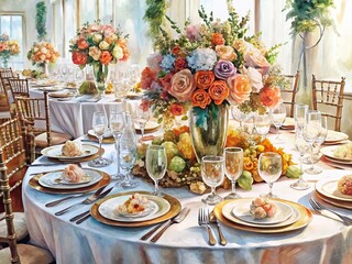 Elegant Reception Table Setup: Event Decor, Centerpiece, Place Settings, Table Linen, Party